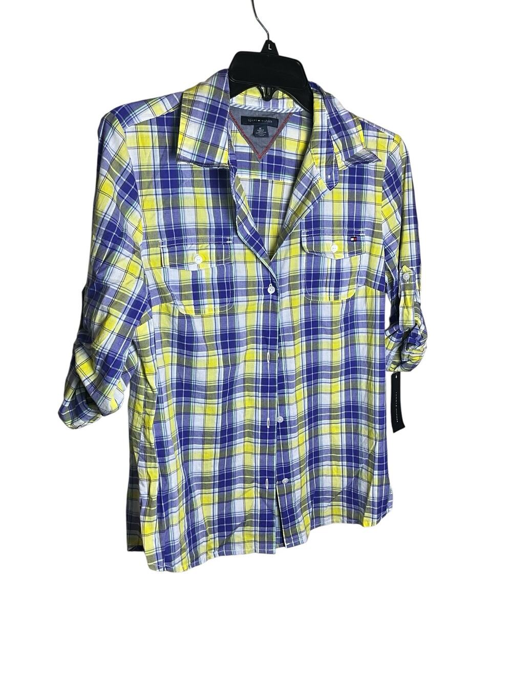 Tommy Hilfiger Shirt Women's Medium Yellow Blue Plaid Cotton Button Up